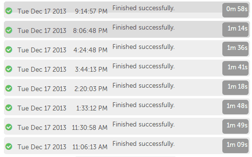 A screenshot of a series of publish tasks completing in under two minutes