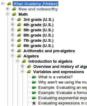 A screenshot of a tree view showing a number of US math courses
