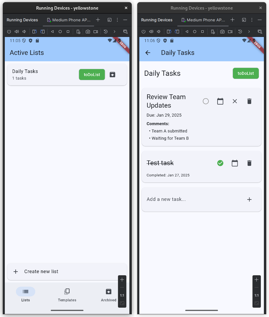 Task list & task management functionality working in Android emulator