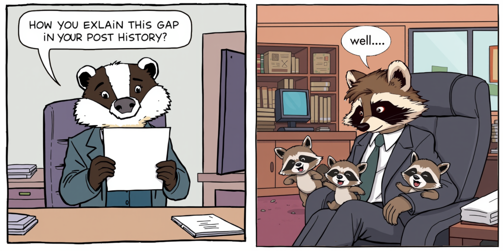 Two panel comic. First panel, a badger in a suit sits
behind a desk looking at a sheet of paper, saying 'How do you
explain this gap in your post history?'. Second panel, a racoon
in a suit sits in a chair with three baby racoons on his lap,
saying 'well...'.